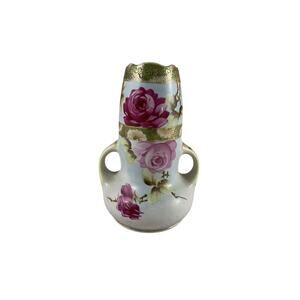 Nippon Vase Jug 2 Handled Hand Painted Pink Rose Green & Gold 8" Vintage Japan